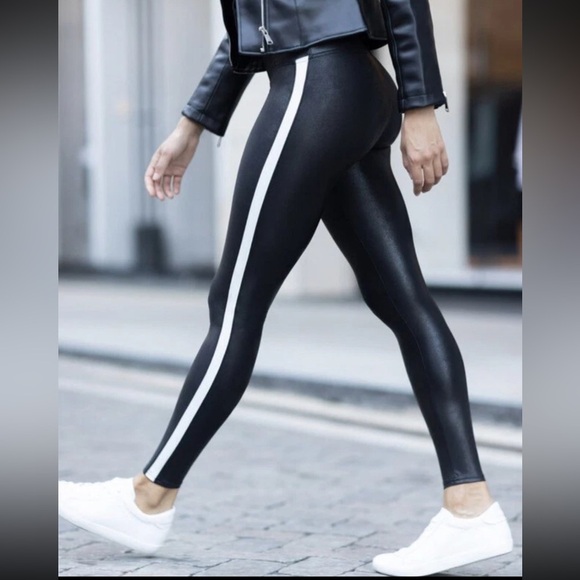 SPANX Black Faux Leather Leggings with White Stripe - Picture 3 of 6
